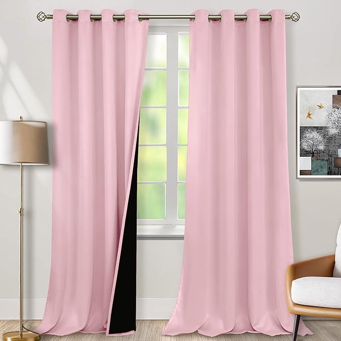 BGment Baby Pink 100% Blackout Curtains for Nursery Bedroom 95 Inch Length 2 Panels, Thermal Insulated Full Light Blocking Grommet Noise Cancelling Window Curtains for Girls Room, 52 Inch Wide Each