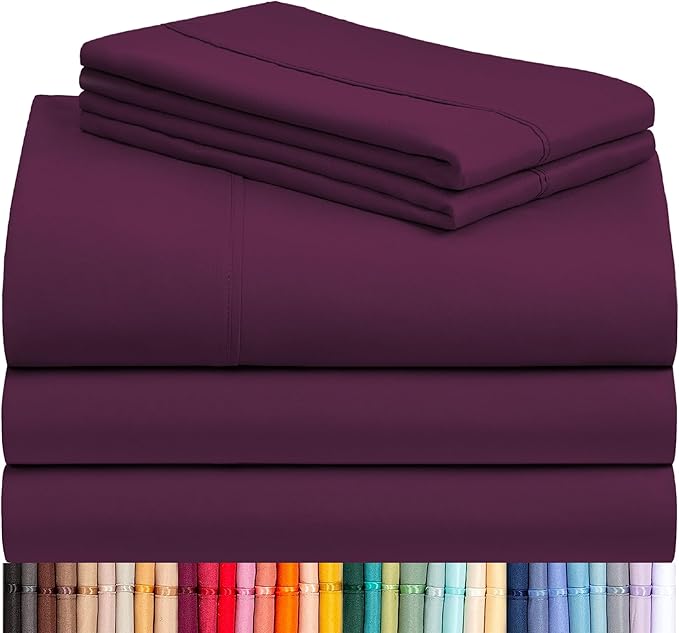 LuxClub 5 PC Split King Sheet Set, Deep Pockets Wrinkle Free Cooling Bed Sheets Hotel Bedding for Women, Men, Includes 2 Fitted Sheet, 1 Flat Sheet and 2 PillowcasesSoft Eggplant