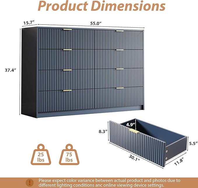 Navy Dresser for Bedroom, 8 Drawer Double Dresser, Modern Chest of Drawers for Bedroom, Living Room, Entryway and Closet, 55" L x 15.7" D x 37.4" H