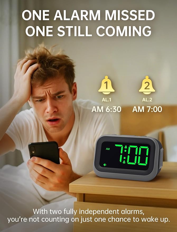 Super Loud Alarm Clock for Heavy Sleepers: 115dB Dual Alarms and 6 Alarm Sounds for Bedroom - Large Numbers 5 Dimmers for All Ages Green Digits