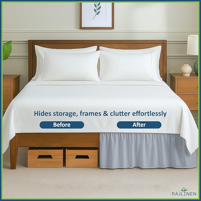 Rajlinen Ruffled Bed Skirt California King, 18 Inch Drop Dust Ruffle with Split Corners, 100% Microfiber Bedskirt with Platform, Three-Sided Coverage Ruffled Gathering Design, Light Grey