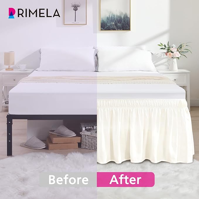 RIMELA Cream White Bed Skirt Queen Size 15 Inch Drop, Wrap Around Elastic Bedskirt, Dust Ruffle for Adjustable Bed Base Machine Washable Easy to Install Bed Skirts