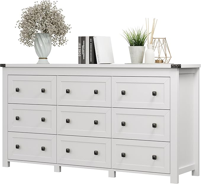 Dresser for Bedroom with 9 Drawers, Farmhouse Wood Chest of Drawers, Wide TV Stand Closet Storage Furniture with Metal Handle, Modern Clothes Organizer for Hallway, Living Room, Entryway, White