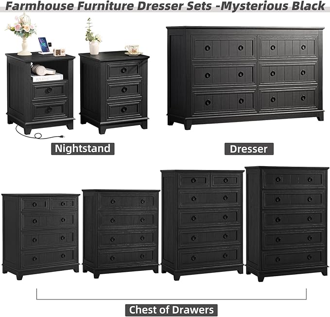 Bedroom Dresser and Nightstand Sets 4 Piece, Farmhouse 6 Drawers Dresser & 40.5" Tall Chest of Drawers, 18" Nightstands Set of 2, 54" Wide Furniture Dressers for Bedroom, Living Room, Black