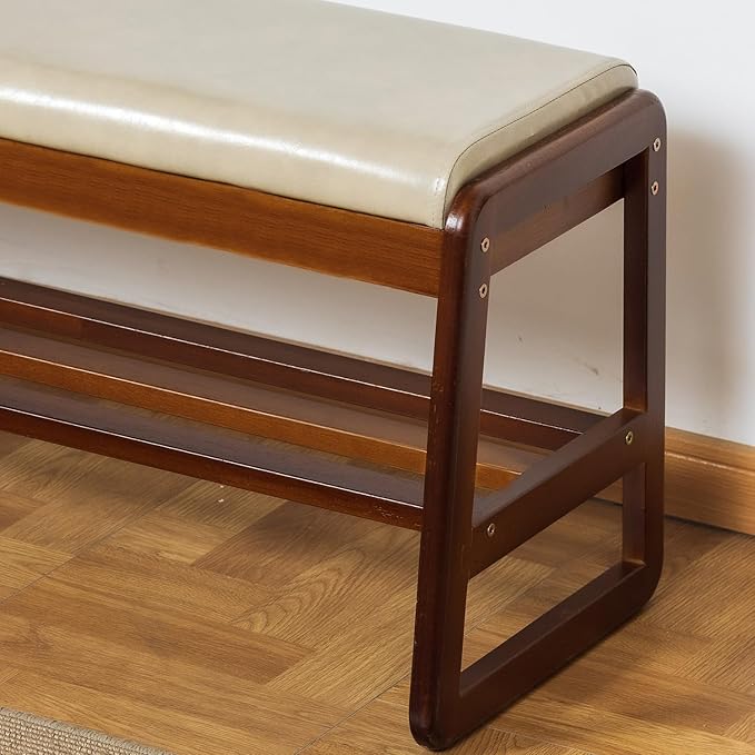 Solid Wood Shoe Bench, 2-Tier Entryway Bench with Cushion and Flip-Open Storage Box, Mid-Century Modern Shoe Bench Rack for Hallway, Mudroom(Gray, 21.65'')