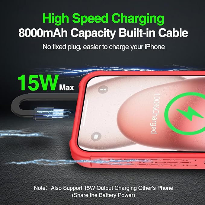 GIN FOXI Fast Charging Battery Case for iPhone 15 Pro Max/15 Plus, 8000mAh 15W Ultra Slim Charger Case Rechargeable Portable Extended Power Bank Case Cover Battery Pack Built-in Cable, Red(6.7”)