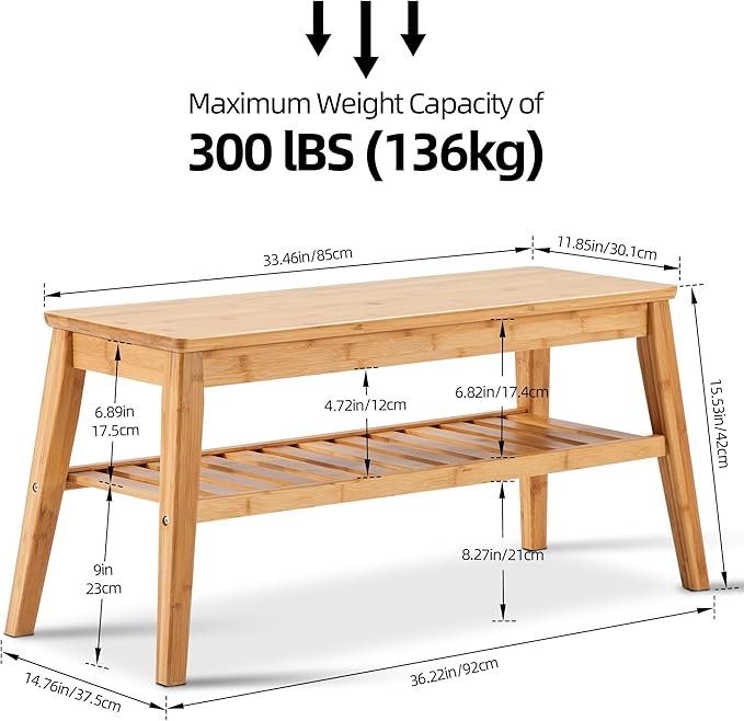 Nnewvante Bamboo Entryway Bench, 33.46" Indoor Storage Bench, Small Wood Benches for Living Room, Bedroom, Dining Room, Hallway, Outdoor Wooden Bench, Holds up to 300lbs