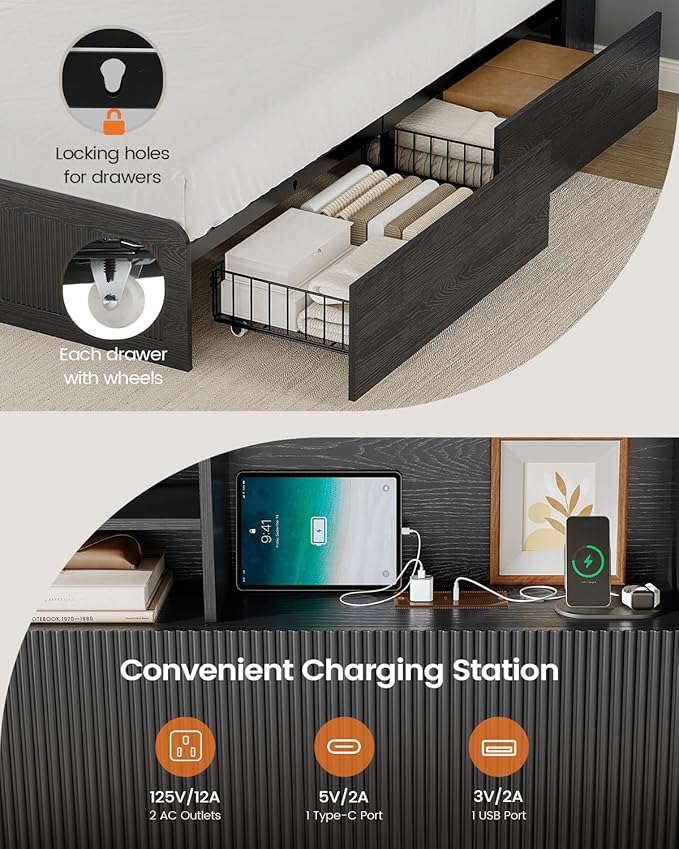 AOGLLATI Twin Bed Frames with 4 Storage Drawers and Hidden Storage Headboard, Black Led Fluted Twin Bed with Charging Station and Curved Profile Design, Noiseless,No Box Spring Needed, Black