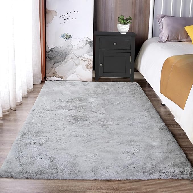 Latepis Fluffy Machine Washable Rug Grey Area Rugs 3X5 Soft Faux Rabbit Fur Rug for Living Room Furry Shag Rugs Fluffy Carpet for Bedroom Plush Nursery