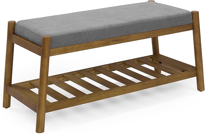 Upholstered Entryway Bench, Bedroom Bench for End of Bed, Dining Bench with Padded Seat for Kitchen, Living Room, Fabric Rubber Wood Indoor Bench (Grey)
