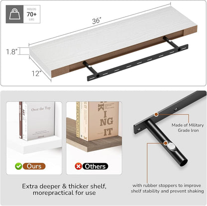 10 inch Deep Wall Shelves 36 inche Long, 1.8 Thick Single Floating Shelf Wall Mounted, Heavy Duty 70 lbs Shelves for Bedroom, Books, Living Room, Kitchen, Office Modern Farmhouse Decor, White