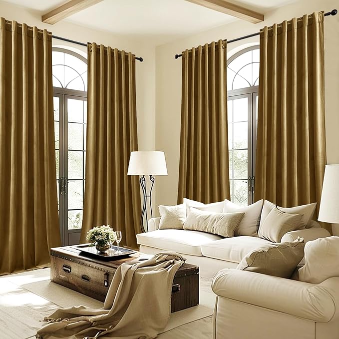 AUSSPVOCT Brown Velvet Curtains 84 Inches for Living Room, Elegant Sound Reducing Thermal Insulated Drapes Room Darkening Luxury Blackout Curtain for Bedroom, Back Tab Rod Pocket, Goldbrown, 2 Panels