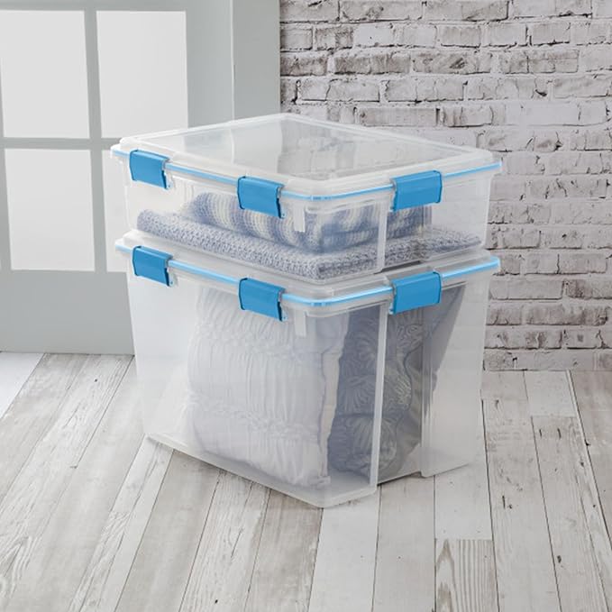 Sterilite 12-Pack Gasket Box, Weather-Resistant Storage Bins with Latching Lids, 37 Quart - Heavy-Duty Organizing Containers for Closet, Bathroom, and Office