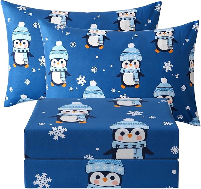 JSD Penguin Snowflakes Kids Christmas Sheet Set Full Size, 4 Piece Blue Printed Microfiber Sheets Deep Pocket