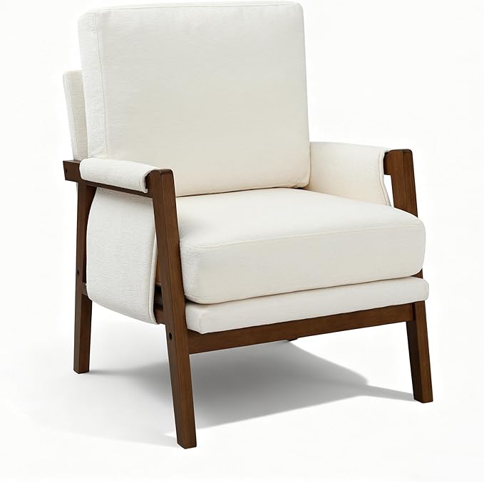 Cream Accent Chair for Bedroom & Living Room, Mid Century Modern Accent Arm Chair, Upholstered Anthropologie Accent Chair with Solid Wood Frame, Fabric