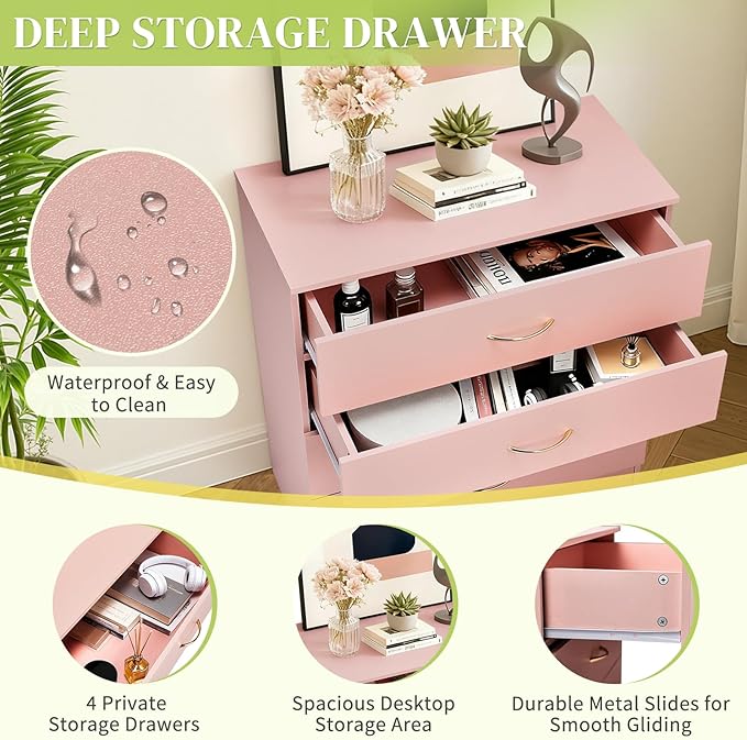 Karl home 4 Pink Drawer Dresser, Modern Chest of Drawers, Wood Bedside Table Night Table,Anti-Tipping Device, Rose Gold Metal Handle