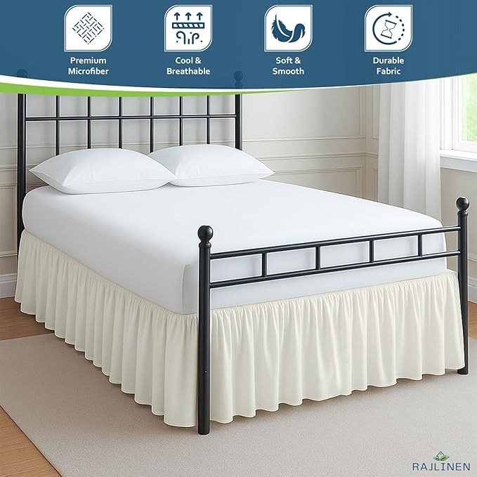 Rajlinen Ruffled Bed Skirt King, 14 Inch Drop Dust Ruffle with Split Corners, 100% Microfiber Bedskirt with Platform, Three-Sided Coverage Ruffled Gathering Design, Ivory