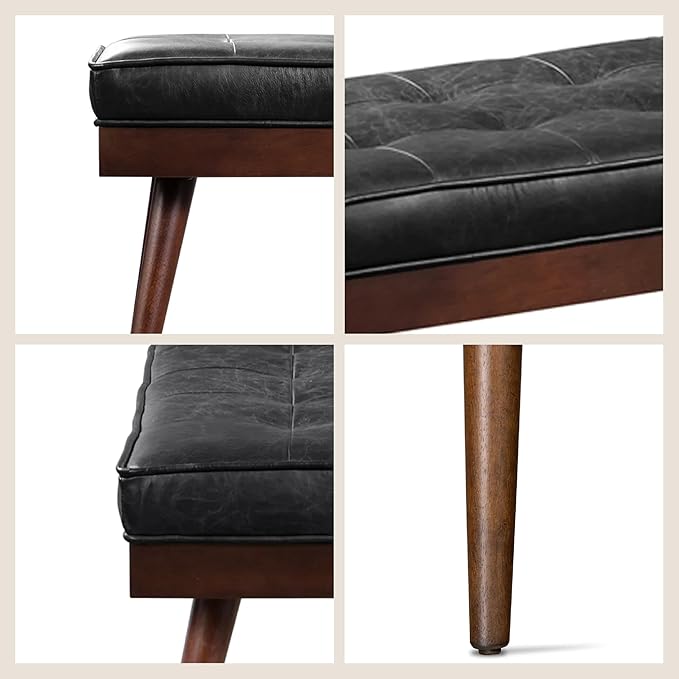 Poly & BARK 55" Tufted Leather Bed Bench for Bedroom End of Bed - Living Room Entry Way Bench - Pure Italian Leather Upholstery with a Solid Wood Frame - Ottoman Bench with Wooden Legs - Onyx Black