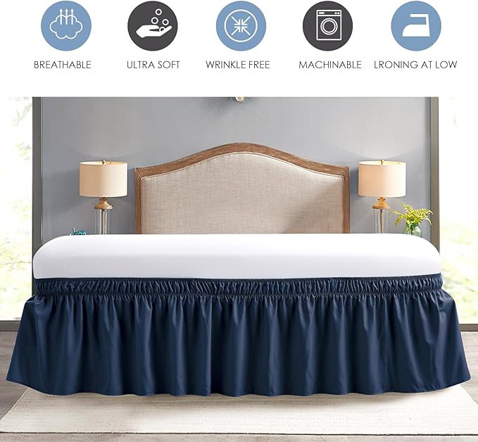 FreshCulture King Bed Skirt, Dust Ruffle for King Size Bed, Easy Fit with 15-Inch Tailored Drop, Elastic Wrap Around Bed Skirt King Size, Hotel Quality Bed Skirts for Adjustable Bed (Navy Blue)