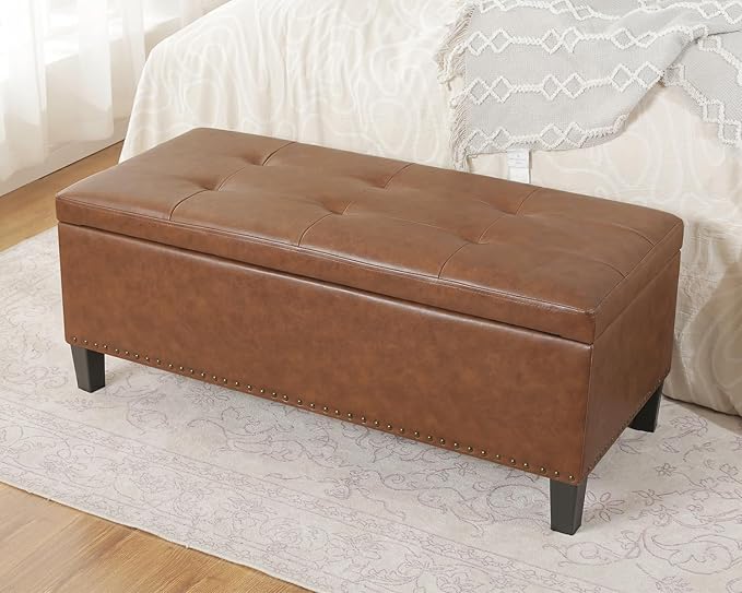 Joveco 41 Inches Storage Ottoman Bench,Microfiber Button Tufted Footstool Ottoman Bench with Nailhead Trim for Bedroom (Chocolate Brown)