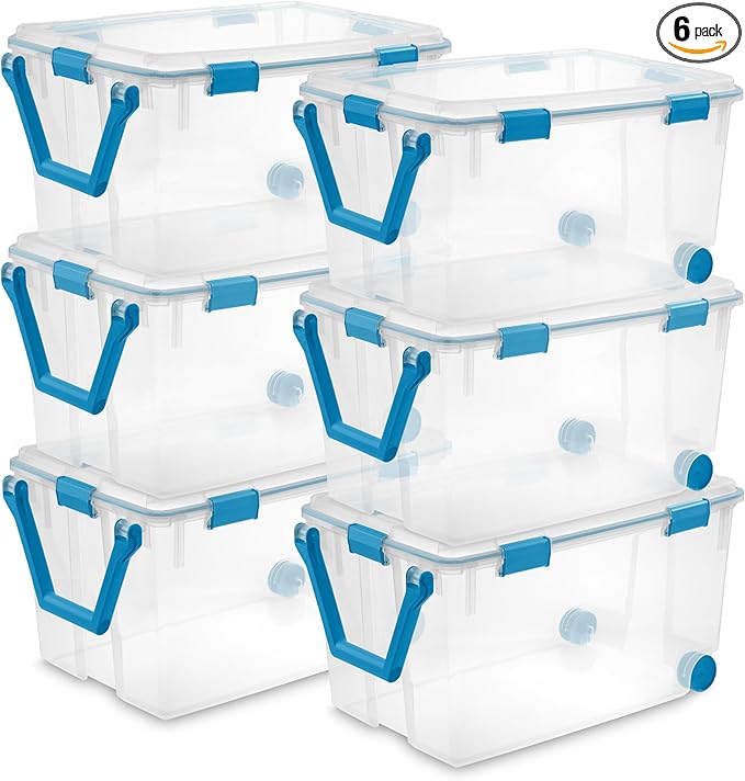 Sterilite 6-Pack Gasket Box, Weather-Resistant Storage Bins with Latching Lids, 120 Quart - Heavy-Duty Organizing Containers for Closet, Bathroom, and Office