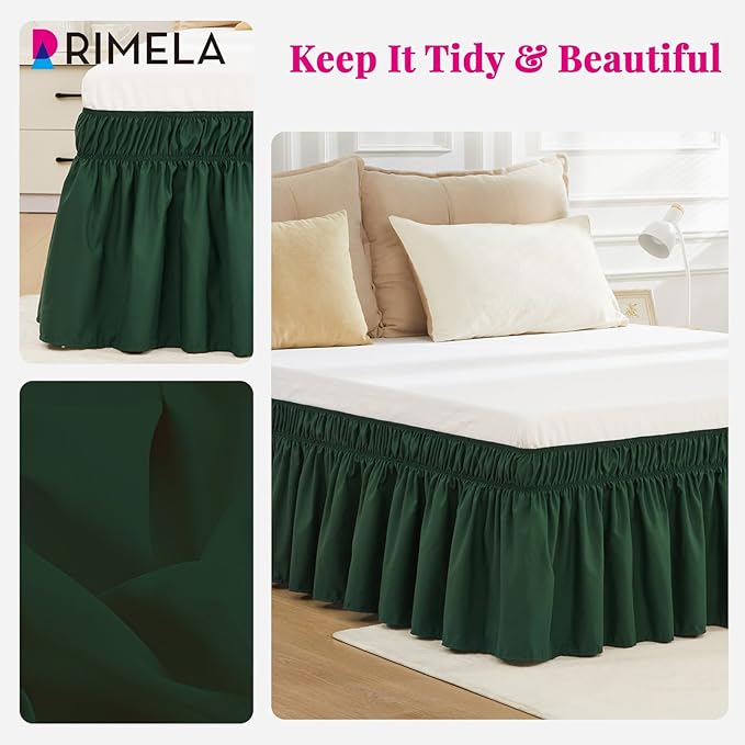 RIMELA Dark Green Bed Skirt Queen Size 15 Inch Drop, Elastic Bed Skirting for Bed Base and Frame, Bedding Dust Ruffle Easy to Install, Lightweight Wrap Around Adjustable Bedskirt