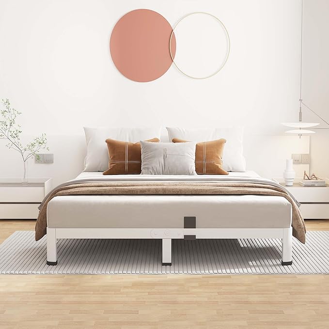 ROIL 4 Inch White Queen Bed Frame with Rounded Corner and Mattress Retainers, 3500LBS Heavy Duty Steel Slats No Box Spring Needed Platform Noise-Free Easy Assembly