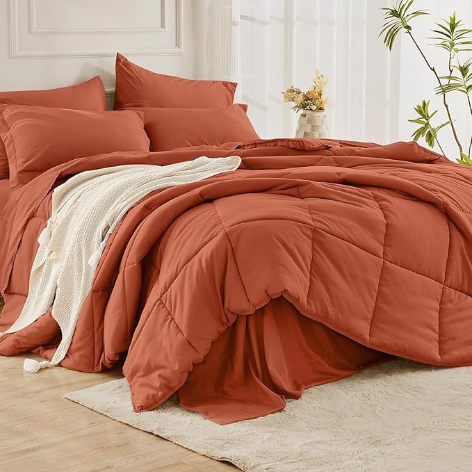 JOLLYVOGUE Full Comforter Set, Ultra-Soft Bed in a Bag Full Size 7 Pieces, Oeko-TEX Certified Bedding Set with Down Alternative Comforter, Sheets, Pillowcases & Shams, Burnt Orange
