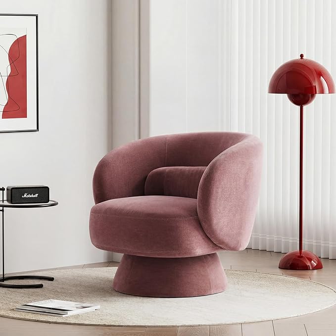 Swivel Accent Chair, Modern 360 Degree Swivel Barrel Chair with Arms & Curved Back and Lumbar Support Cushion, Comfy Round Single Sofa for Small Space, Living Room, Bedroom, Old Rosa Rayon