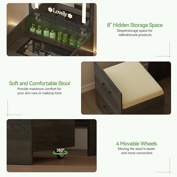 HNEBC HNEBCVanity Desk with Plip Top LED Mirror,3 in 1 Small Dressing Table Set with Visible Glass Desktop,Rustic Oaky Compact Vanity with 3 Drawers,Storage Compartment and Padded Stool,for Bedroom
