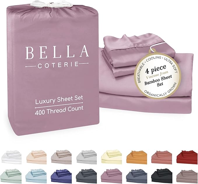 Bella Coterie Luxury Bamboo Viscose Full Size Sheet Set | 100% Organically Grown | Ultra Soft | Cooling for Hot Sleepers | 18" Deep Pocket [Lilac]