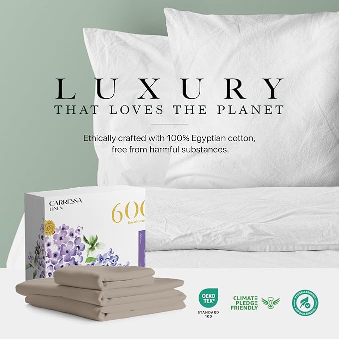 Carressa Linen 100% Egyptian Cotton Twin XL Sheets Set - 600 Thread Count Luxury Egyptian Cotton Sheets Twin XL Size (3 PC, Cocoa Taupe), 16" Deep Pocket, Soft, Cooling, Sateen Weave Dorm Room Bedding