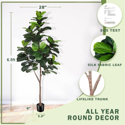 Artificial Fiddle Leaf Fig Tree - 6.5ft Faux Ficus Lyrata Plant with 108 Fiddle Leaves Fake Fig Silk Tree in Pot Artificial Tree for Indoor Outdoor Home Office Perfect Housewarming