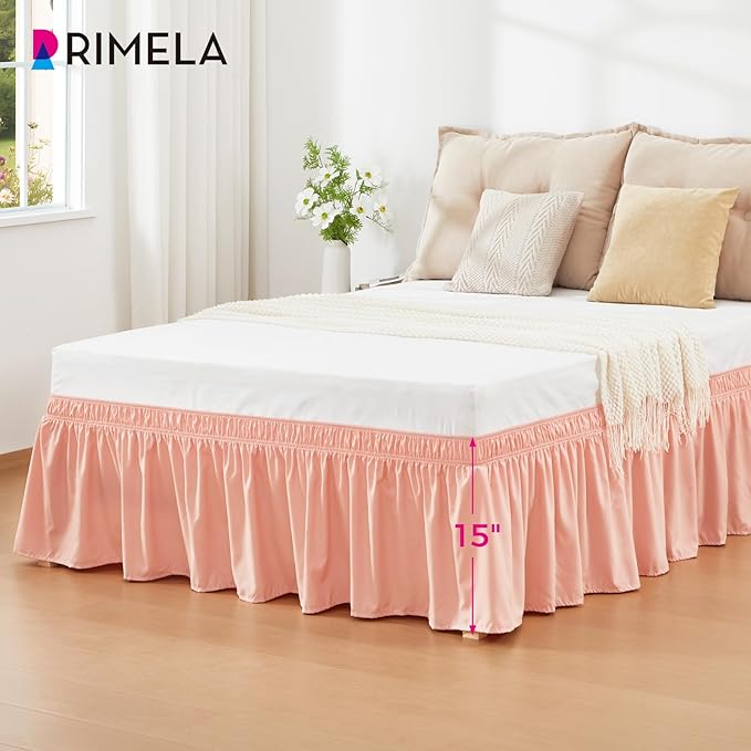 RIMELA Peachy Coral Bed Skirt King Size 15 Inch Drop, Wrap Around Elastic Bedskirt, Dust Ruffle for Adjustable Bed Base Machine Washable Easy to Install Bed Skirts