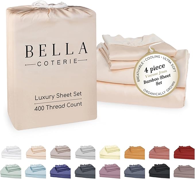 Bella Coterie Luxury Bamboo Viscose Cal King Size Sheet Set | 100% Organically Grown | Ultra Soft | Cooling for Hot Sleepers | 18" Deep Pocket [Champagne]