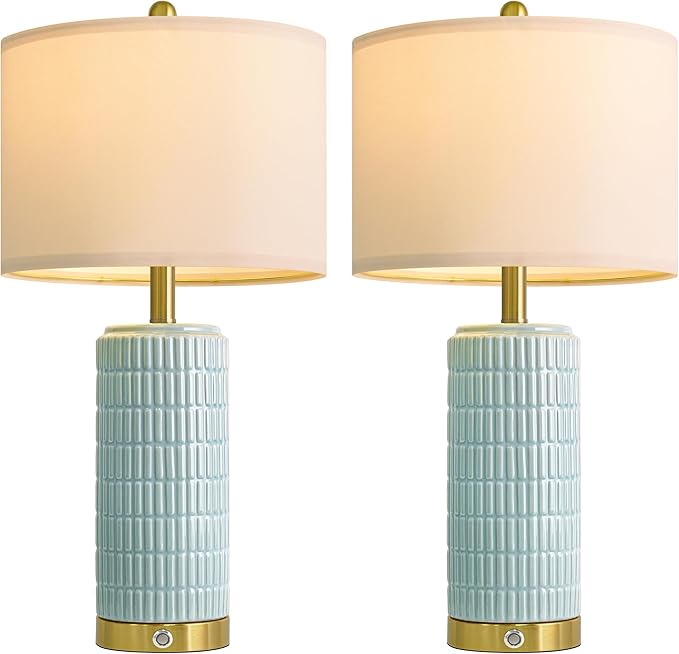 PoKat 25'' Bedside Table Lamps Set of 2 for Living Room, 3-Way Dimmable Touch Lamps for Bedroom, Modern Lamps for Nightstand with USB Ports, Coastal Blue Lamp for Office Sideboard (Bulbs Included)
