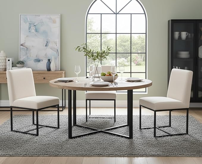 CIMOTA Modern Linen Dining Chair Set of 4, Mid Century Dining Room Chairs Fabric Upholstered Armless Side Chair with Black Sled Base for Dining Room, White Cream 4PCS