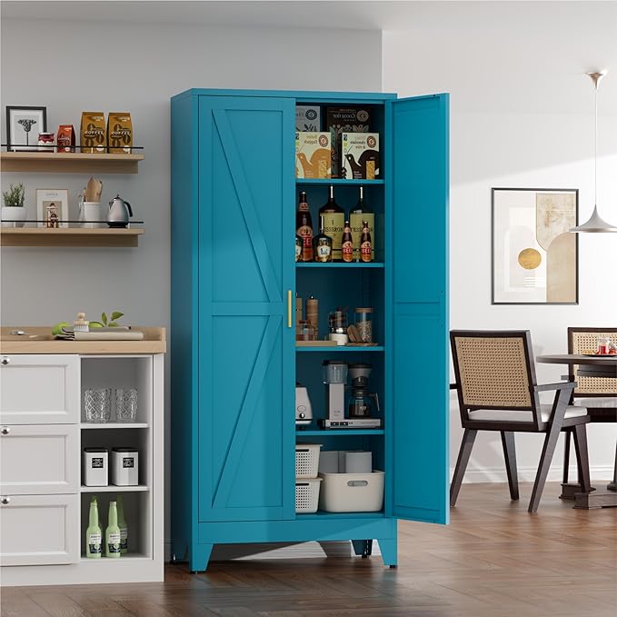 Farmhouse Pantry Cabinet with Barn Doors, 71" H x 31.5" W, 5-Tier Metal Storage Cabinet with 4 Adjustable Shelves for Kitchen Garage Dining Room,Blue