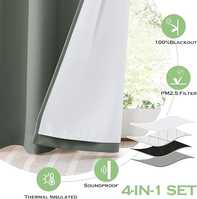 KGORGE 4-in-1 Soundproof Anti Dust 100% Blackout Curtains with Melt-Blown Layer Noise Reducing Thermal Insulating Window Drapes for Bedroom Nursery, W 52 x L 84, Sage Green, 2 Panels