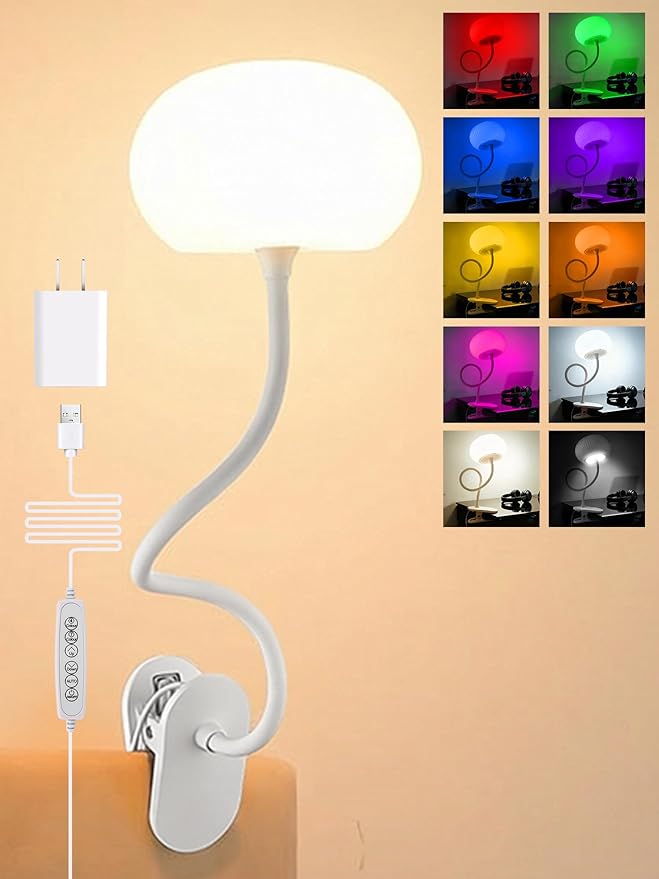Clip on Light,10 Colors RGB & Warm White Cute Desk Lamp with Clamp, 10 Brightness Dimmable Night Light for Kids/Toddler/Baby, USB Adapter Clip on Lamp for Bedroom/Bed/Headboard/Bedside/Nursery