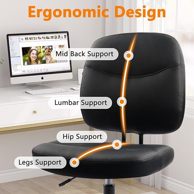 CLATINA Armless Home Office Chair, Small PU Leather Ergonomic Low Back Desk Chair with Lumbar Support and Wheels, Adjustable Height 360° Swivel Rolling Computer Task Chair, Black, 8 Pack