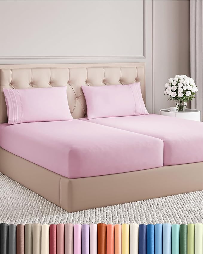 Split King Size 5 Piece Sheet Set - Comfy Breathable & Cooling Bed Sheets Set - Hotel Luxury Bedding for Women, Men, Kids, Teens, Boys & Girls - Deep Pockets and Wrinkle Free - Oeko-Tex - Light Pink