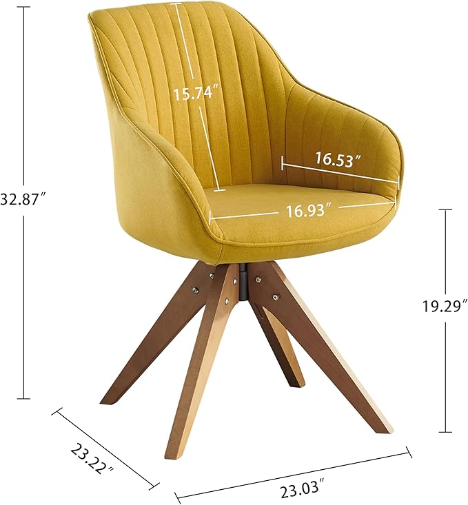 Zouron Mid Century Modern Swivel Accent Chair, Vanity Chair with Wooden Legs, Upholstered Arm Chair No Wheels, Accent Side Chair for Small Space Home Office Living Room Bedroom, Citrine