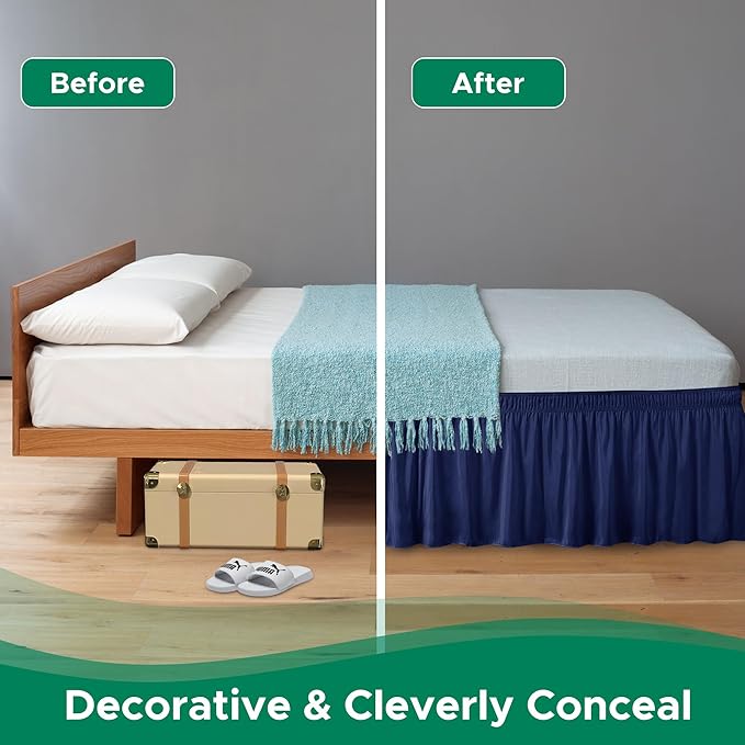 Biscaynebay Wrap Around Bed Skirts for King & Cal King Beds 18" Drop, Navy Adjustable Elastic Dust Ruffles Easy Fit Wrinkle Resistant Silky Luxurious Fabric Machine Washable