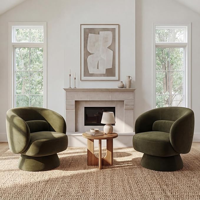 Swivel Accent Chair, Modern 360 Degree Swivel Barrel Chair with Arms & Curved Back and Lumbar Support Cushion, Comfy Round Single Sofa for Small Space, Living Room, Bedroom, Olive Rayon