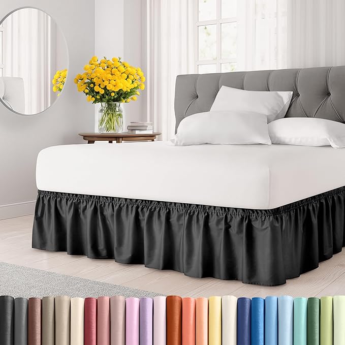 Wrap Around Dust Ruffle Bed Skirt - Black - for King Size Beds w/ 16 Inch Drop - Easy Fit Elastic Strap - Adjustable Pleated Bedskirt w/Brushed Fabric, Wrinkle & Fade Free Women, Men, Kids & Teens