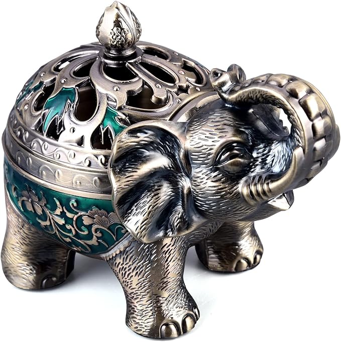 K COOL Metal Backflow Incense Holder Elephant Cone Incense Burner Candle Holder with Lid, Aromatherapy Ornament Home Office Decoration for Indoor Outdoor (Green)
