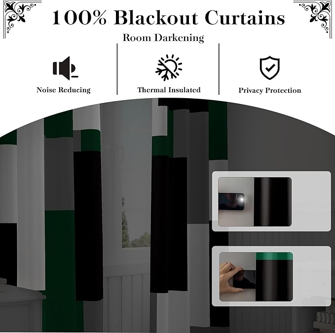 Green 100% Blackout Curtains 45 inch Length 2 Panels Set White Grey Modern Abstract Geometric Drapes for Kitchen Black Out Curtains Insulated Room Darkening Small Window Curtains, 42Wx45L