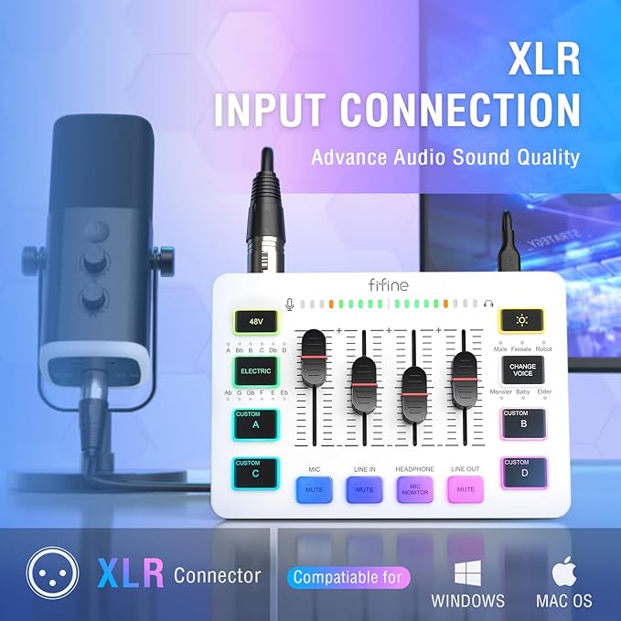 FIFINE Audio Mixer, Gaming Streaming PC Mixer with Slider Fader, XLR Microphone Interface, Monitoring, for Video/Game Voice/Podcast Recording-AmpliGame SC3W