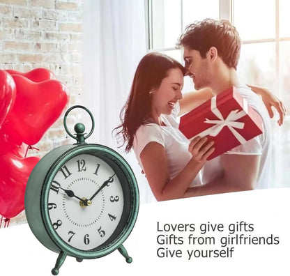 Vintage Small Rustic Green Table Clock on Stand - Decorative Desk and Shelf Clock, Battery Operated, Silent Non-Ticking Timepiece Perfect for Office, Living Room, and Bedroom Decor